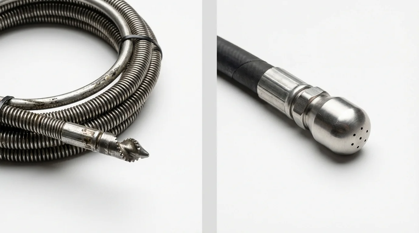 Drain snake cable and hydro jetting nozzle used for drain cleaning in Baldwin, WI
