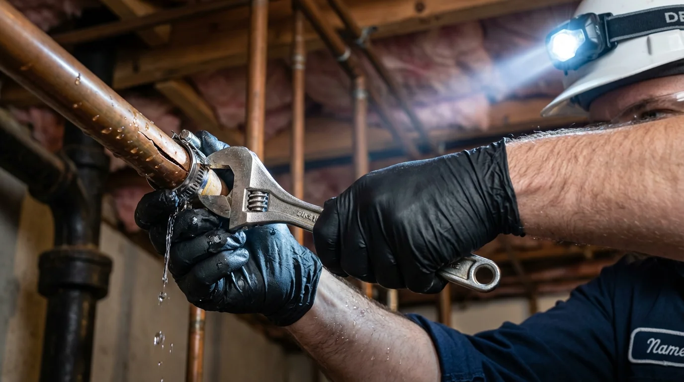Emergency pipe clamp repair being performed by a Johns Plumbing LLC plumber in Baldwin