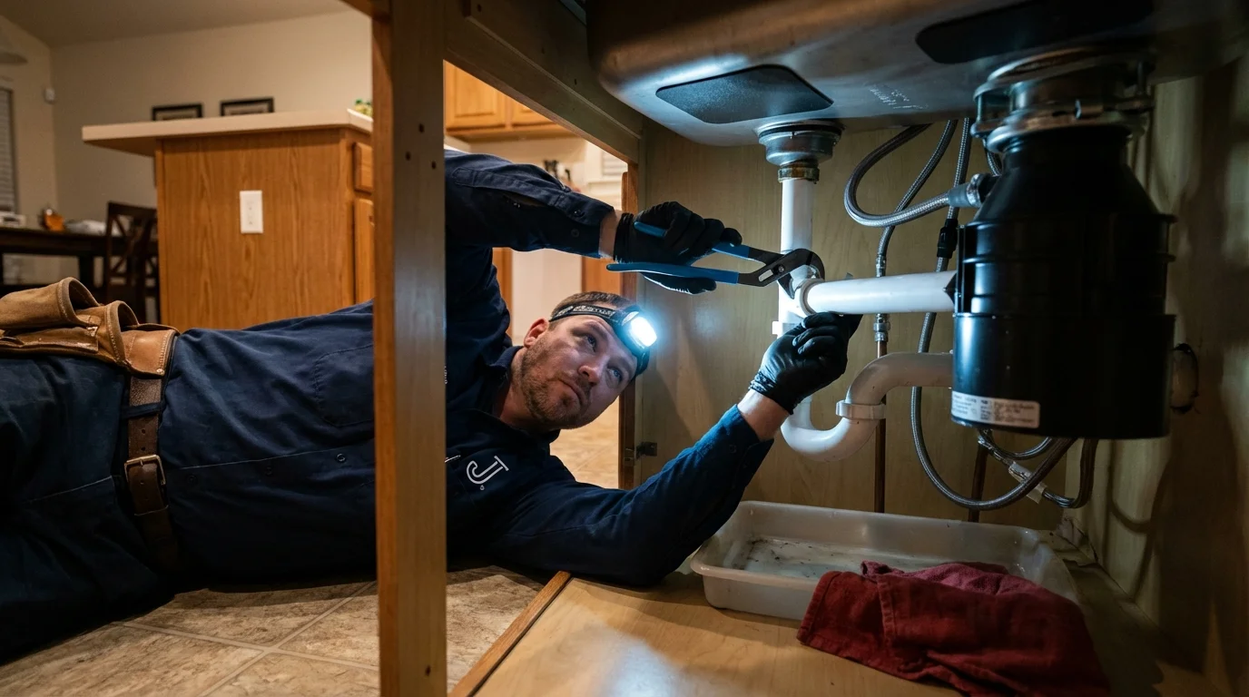 P-trap and supply line connections under a kitchen sink showing a common leak point in Baldwin, WI